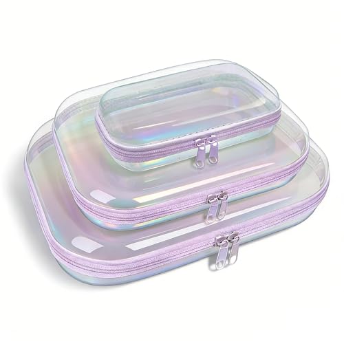 Clear Hard Shell Zipper Case,3PCS Transparent Clear Laser Zipper Pouches,Hard Side Plastic Case Set,Portable Travel Storage Organizer Bins - color: 3pcs-Purple-LMS-Laser
