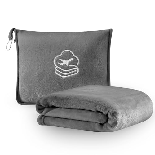 Travel Blanket, Soft 2-in-1 Airplane Blanket, 65x40 Inches, Travel Blanket Airplane Compact with Bag, Car Blanket with Luggage Sleeve & Backpack Clip (Light Grey) - color: Light Grey