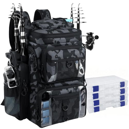 Fishing Backpack with 4 Tackle Boxes, 55L Large Tackle Box Backpack with 4 Rod Holders, Waterproof 900D Tackle Backpacks with Cooler & Clear Gear Windows, Fishing Gifts for Men Women,Camouflage Black - color: Camouflage Black(with 4Boxes)