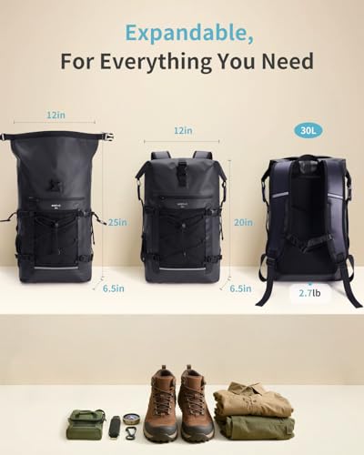 ECOHUB Waterproof Backpack for Women Men, 30L Roll-Top Closure Heavy Duty Dry Bag for Travel with IPX8 Waterproof Phone Case - color: Black