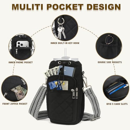 Water Bottle Holder with Strap, 32oz 40oz Insulated Water Bottle Carrier Bag, Purse Crossbody Sling Bag with Phone Pocket for Walking Hiking - color: black