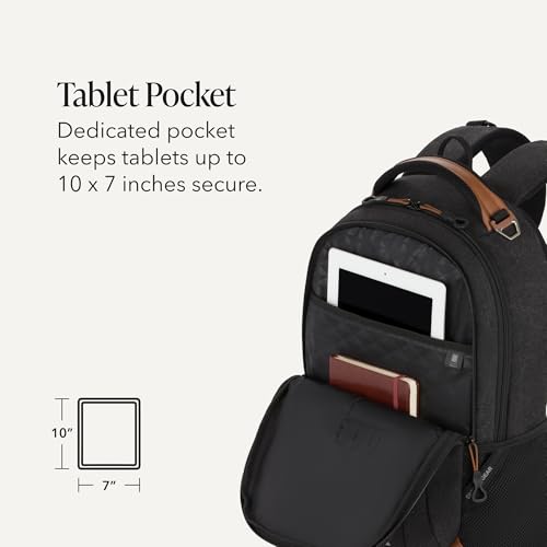 SWISSGEAR Cecil Laptop Backpack, Fits Most 16-Inch Laptops, Three-Compartment Design, Airflow Back Panel, Black, 27.3L, 18-Inch - color: Black Canvas/Brown