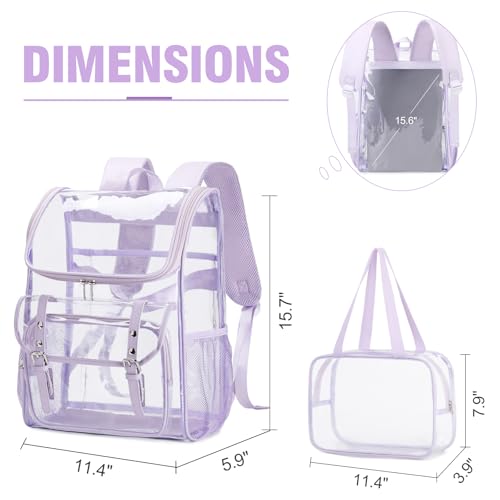 DIGOBAY Clear Backpack with Lunch Bag Set, Leather Clear Backpack Heavy Duty Thick PVC Bookbag Fashion See Through Transparent Backpacks with Support Pad for College Travel Work Purple - color: Purple1