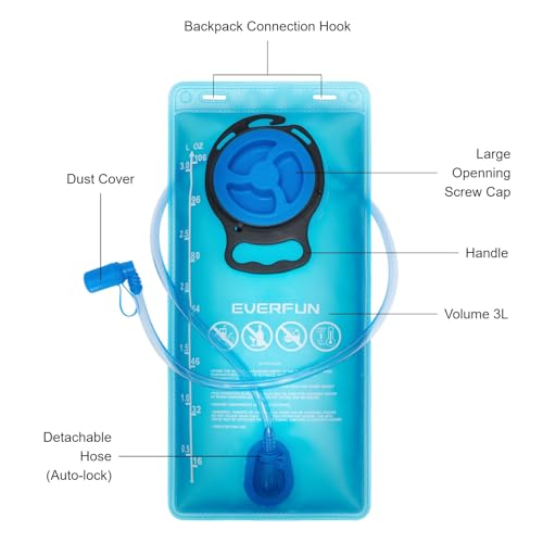 EVERFUN Hydration Bladder 2L/3L Water Reservoir for Hiking Backpack, Leak Proof Water Bladder with Detachable Hose & High Flow Ergonomic Bite Valve, Water Pouch for Cycling, Running - style: 3 L / 100 oz