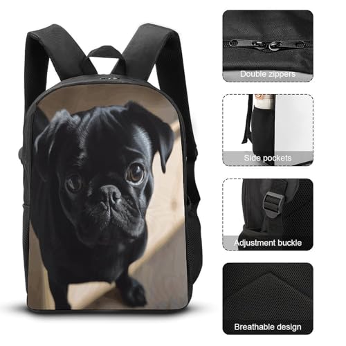 Travel Laptop Backpack Slim Durable Lightweight Back Pack Cute Black Pug Dog Puppy Small Backpack For Women Men - color: Black Pug Dog Puppy