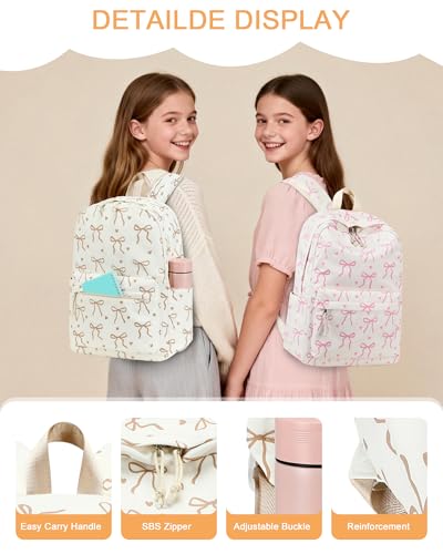 LOIDOU Backpack for Teen Girls Bookbags School Backpack with Lunch Box and Pencil Case 3 in 1 School Bags Set - color: Bow Tie Brown Beige
