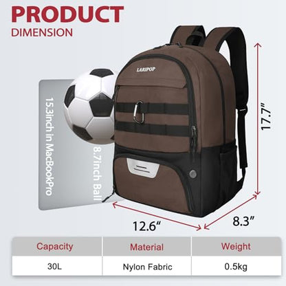 LARIPOP Soccer Backpack with Ball Holder & Shoe Compartment Large Capacity Sports Bag for Training - color: Brown