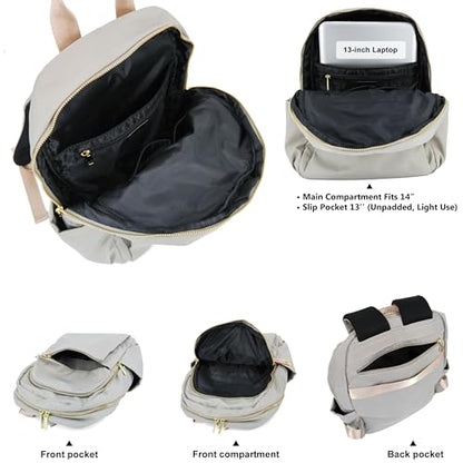 M-ioi-M Medium Backpack Purse for Women, Fashion Nylon Daypack with Gold Hardware, Lightweight Water-Resistant Rucksack for College, Work, Travel, Everyday Use, Fits 13–14" Laptop (Gray Beige, Medium) - color: Gray Beige,medium