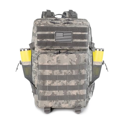 45L Grey Camo Military Tactical Backpack 3 Day Molle Assault Pack Large Army Bug Out Bag Rucksack Daypack for Men Outdoor Hiking Army Camping Hunting - color: Acu Camo