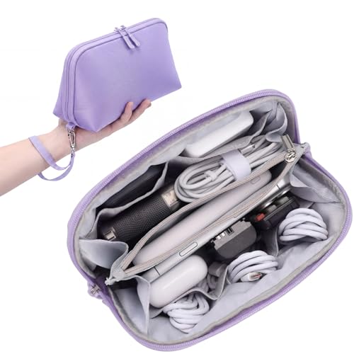 FYY Travel Cable Organizer - 8 Compartments Lightweight Water Resistant Tech Pouch with Wrist Strap, Portable Electronic Accessories Case for Cord Charger Storage for Travel Home Office Purple (Large) - color: Purple, style: L