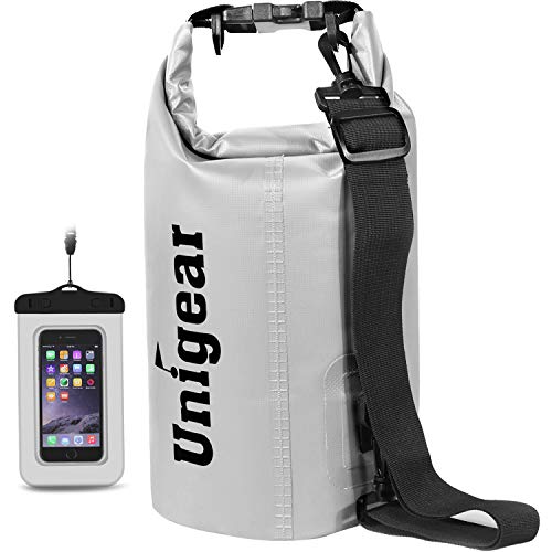 Unigear Dry Bag Waterproof, 2L/5L/10L/20L/30L/40L Floating and Lightweight Bags for Kayaking, Boating, Fishing, Swimming and Camping with Waterproof Phone Case - color: White, size: 2L
