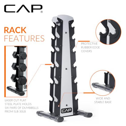 CAP Rubber Coated Hex Dumbbell Set with Storage Rack | 100–210 lb Options, Space-Saving Vertical Compact Storage for Home Gym Strength Training - size: 210 lb - Set - Silver Rack, style: Chrome Handles
