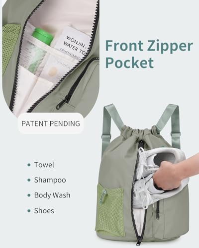 WANDF Drawstring Backpack Sports Gym Bag with Shoes Compartment, Water-Resistant String Beach Sackpack Swim Bag for Women and Men (Dark Green) - color: Dark Green