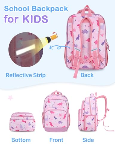 VASCHY Kids Backpacks, 12L Toddler & 17.5L School Backpacks, Lightweight Water-Resistant for Boys and Girls Ages 3-12 - color: Dino Pink, size: Large