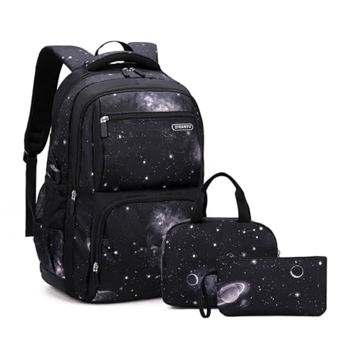 MITOWERMI Boys Backpacks for Primary Junior School Kids Backpack with Lunch Box Galaxy Space Bookbags for Boys Girls - color: #01 Black Galaxy, style: 3 Pcs Set Backpack