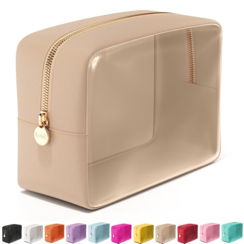 Embla Clear Cosmetic Bag Makeup Case, Clear Zipper Make Up Pouch and Toiletry Travel Tote, Cute Skincare Pouches for Women Girls, Preppy Purse Cosmetic Organizer, Large Makeup Bags, Sand - color: Sand, size: Large