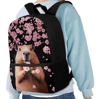 3Pcs Kid Backpack Set Backpack with Lunch Bag Pencil Case 3 Pack Set Elementary School Bag Bookbag 17 Inch Daypack Capybara Cherry Blossom Print - color: Fish