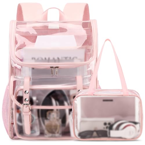 DIGOBAY Clear Backpack with Lunch Bag Set, Leather Clear Backpack Heavy Duty Thick PVC Bookbag See Through Transparent Backpacks with Support Pad for Women Girls College Travel Work Pink - color: Pink