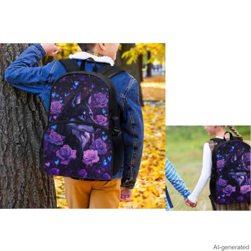 Aesthetic Wolf Backpack for Girls Kids Backpack with Lunch Box Water Bottle Sleeve and Big Pencil Pouch 4Pcs Set 17 inch Bookbag with Large Front Pocket for School Sturdy Elementary School Bag - color: Aesthetic Wolf