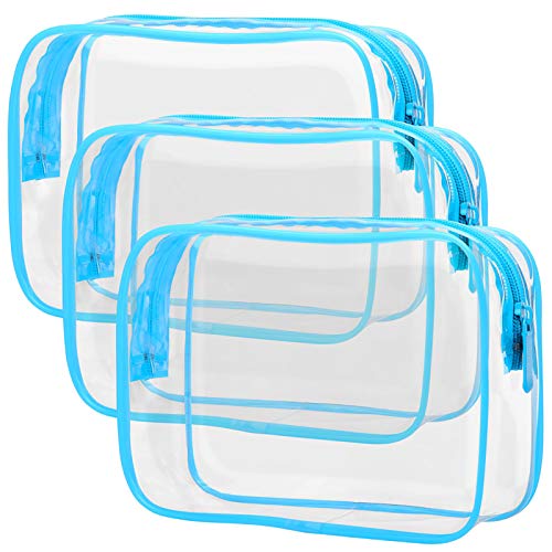 PACKISM Clear Makeup Bag - Waterproof TSA Approved Toiletry Bag Quart Size Bag, Clear Makeup Bags with Zipper, Carry on Airport Airline Compliant Pouch, 3 Pack, Blue - color: New Blue, size: Medium Set (Standard)