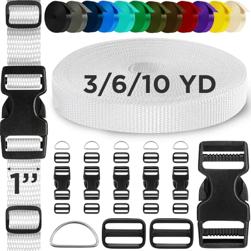 TECEUM Buckles & Strap Kit – 1" White Nylon Webbing 6 (yd) – 6 Heavy Duty Adjustable Plastic Buckles – 12 Tri-Glide Slide Clips – 6 Metal D-Ring – Ideal Straps for Arts Crafts Outdoors Indoors DIY - color: White, size: 1" - 6 yards, style: 6 Buckle - 12 S