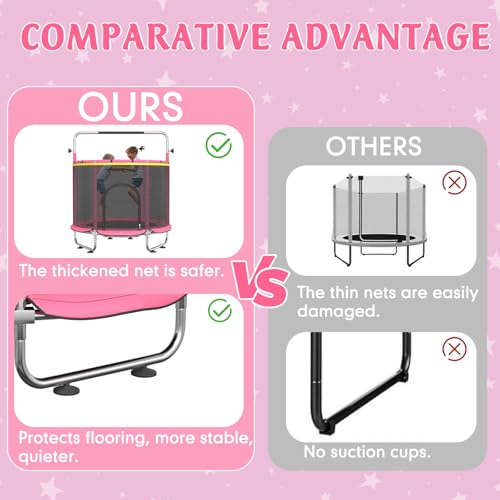 Trampoline for Kids, 55" Indoor & Outdoor Toddler Trampoline, Anti-Rollover Bottom Kids Toys with Adjustable Gymnastics Bars, Toddler Swing, Basketball Hoop - color: RoseRed