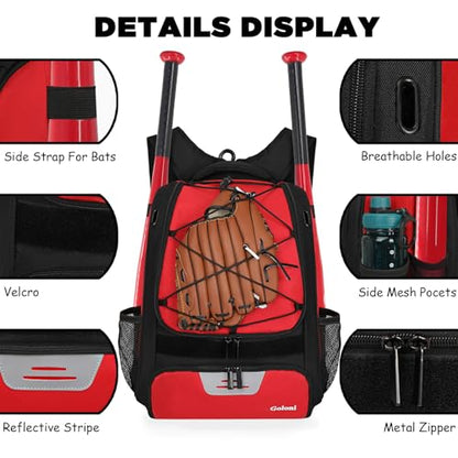 Goloni | Baseball Backpack,Baseball Bag for Adult,Softball Bat Bag with Shoes Compartment,Large Main Compartment for Helmet & accessories, Fence Hook - color: Pure red