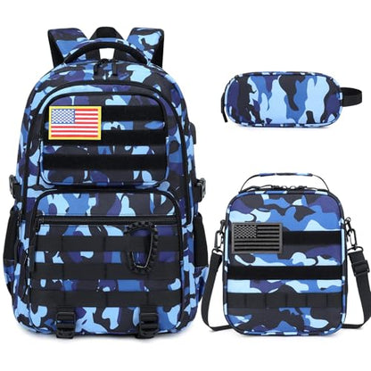 Camo Backpack for Boys, Tactical Boys Backpack with Lunch Box Pencil Case, Kids Backpacks with USB Charging Port, Military Army School Bookbag for Teen Boy Elementary Middle High School Camp - color: Black-blue