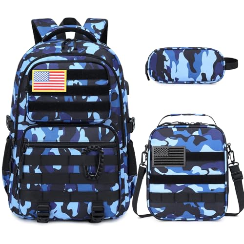 Camo Backpack for Boys, Tactical Boys Backpack with Lunch Box Pencil Case, Kids Backpacks with USB Charging Port, Military Army School Bookbag for Teen Boy Elementary Middle High School Camp - color: Black-blue