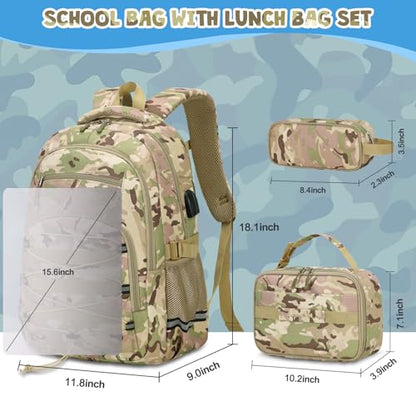 ACESAK Camo Backpack for Boys, Tactical Kids Backpack Boys, School Bags for Boy Children Teens Kids Elementary Middle High School, Military Bookbag and Lunch Bag Pencil Case Set with USB Charging Port - color: Khaki Camo