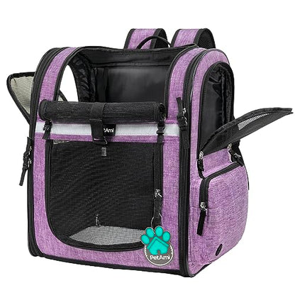 PetAmi Dog Backpack Carrier for Cats and Small Dogs, 4-Way Entry Ventilated Mesh Pet Carrier for Hiking Travel, Foldable Top with Sherpa Bed, Reflective and Poop Bag Dispenser, Up to 18 lbs, Purple - color: Purple