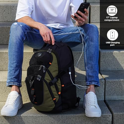 Swissdigital Design Laptop Backpack, Travel Backpack with USB Charging Port Fits 15.6 inches Computer, 31L College School Bookbag for Men,Olive/Black | SD803-26 - color: Olive/Black