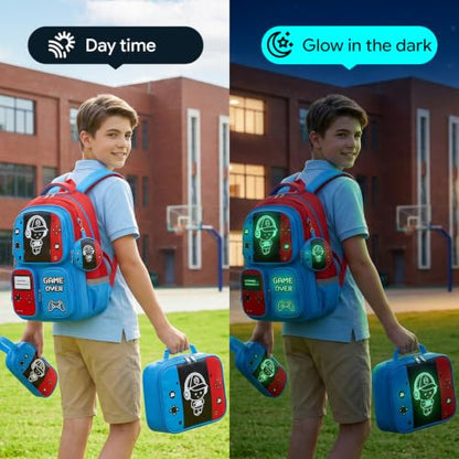 Boys Backpack, Luminous Gamer Backpack for Boys with Lunch Box,Pencil Case and Coin Puese,Kids Schoolbag Bookbag for Teen Boy Elementary Middle High School Travel(Red-Blue) - color: Red-blue