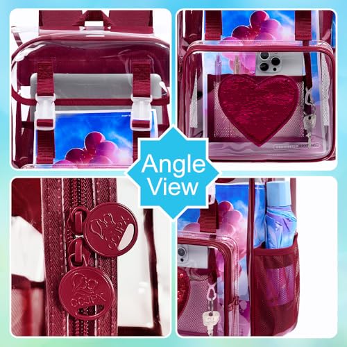 17" Clear Backpack for Girls, School Kids Transparent Bookbag Set, 3Pcs Stadium Approved See Through Backpack with Lunch Box (Dark Red) - color: Clear Sequins Dark Red