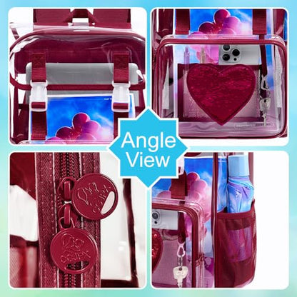 17" Clear Backpack for Girls, School Kids Transparent Bookbag Set, 3Pcs Stadium Approved See Through Backpack with Lunch Box (Dark Red) - color: Clear Sequins Dark Red
