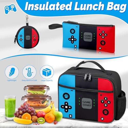 Gamer Backpack for Boys, 4pcs Gaming Boys Backpack with Lunch Box and Pencil Case for Kids, Video Gamer School Bags - color: Red and Blue