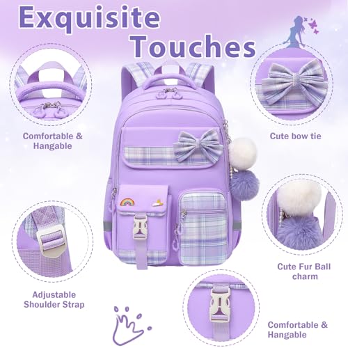 Alrisg Girls School Backpack Preppy Plaid Bookbag Lightweight Backpack for Girls Elementary Middle School Bow Purple - color: Purple, size: 17in