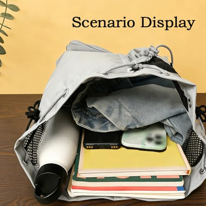 Mesh Drawstring Beach Backpack with Waterproof Wet Pocket Lightweight Swim Bag for Swimming Gym Workout for Men Women Light Grey