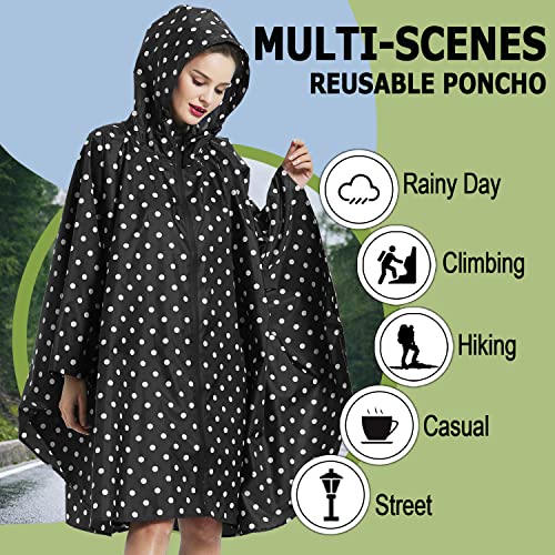 Fashion Hooded Rain Poncho Waterproof Raincoat Jacket with pocket for Women/Men/Adult - color: Black Dot