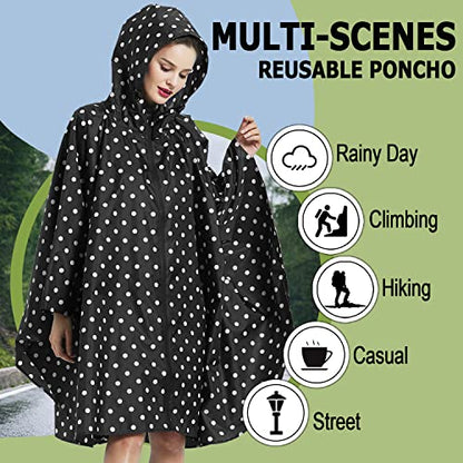Fashion Hooded Rain Poncho Waterproof Raincoat Jacket with pocket for Women/Men/Adult - color: Black Dot