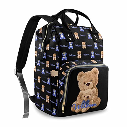 Custom Bear Diaper Bag Backpack for Baby Boy, Personalized Name Cute Cartoon Large Nappy Nursing Orangizer Mommy Bags, Waterproof Travel Daypack for Dad Mom Gifts - color: Bear-black-01