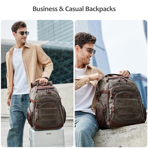 Travel Laptop Backpack 17.3 inch XL Computer Backpack for Men Waxed Canvas College Daypack Business Backpack Green - color: Green