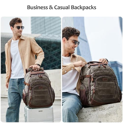 Travel Laptop Backpack 17.3 inch XL Computer Backpack for Men Waxed Canvas College Daypack Business Backpack Green - color: Green