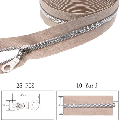 #5 Silver Metallic Nylon Coil Zipper by The Yard, Bulk 10 Yards Beige Zipper Tape Silver Teeth with 25PCS Silver Zippers Pulls for Sewing, Bags, Purses YIGUANXIN - color: Beige-Silver