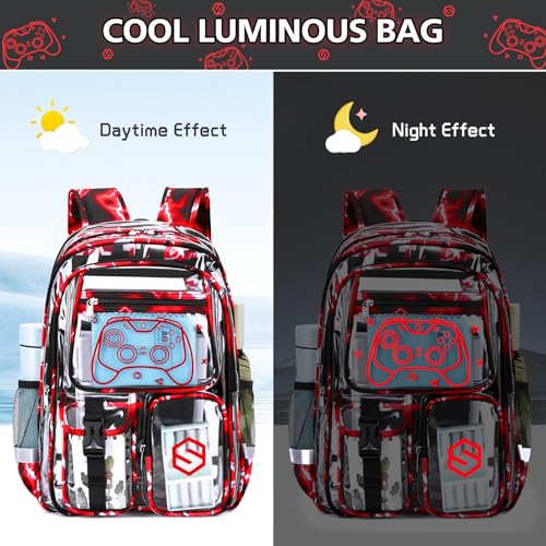 DIGOBAY 3PCS Cool Luminous Clear Backpack for Boys Kids, Gamer Clear Bookbag for School, See Through PVC Transparent Backpacks with Lunch Bag Pencil Case, Backpack Heavy Duty for School Stadium - color: Red Lightning