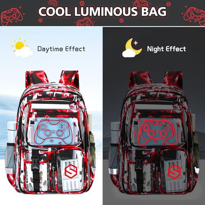 DIGOBAY 3PCS Cool Luminous Clear Backpack for Boys Kids, Gamer Clear Bookbag for School, See Through PVC Transparent Backpacks with Lunch Bag Pencil Case, Backpack Heavy Duty for School Stadium - color: Red Lightning