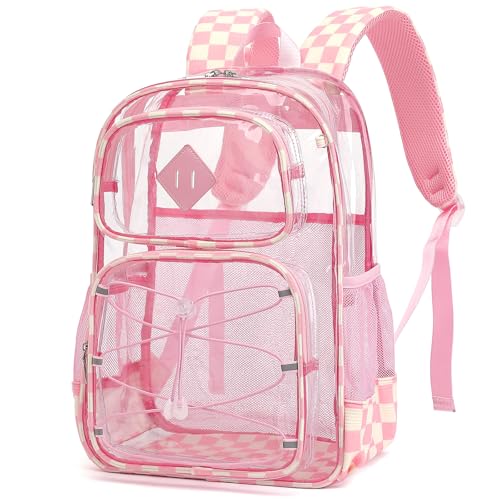 Clear Backpacks for Girls Women, Heavy Duty PVC Transparent Back Pack See Through Boys Kids Clear Bookbags for School Checkered Pink - color: Corduroy Checkered Pink