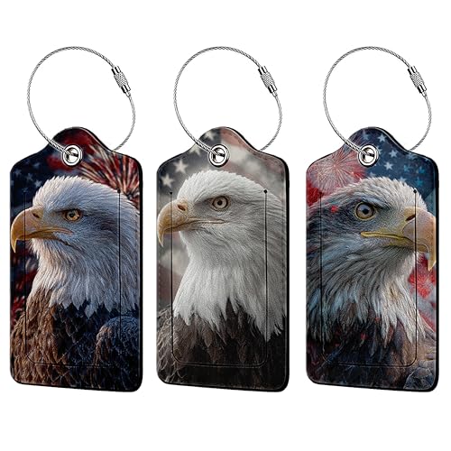 American Flag and Bald Eagle 3 Pack Luggage Tags for Suitcases, PU Leather Baggage Suitcases Tag Name ID Label Privacy Cover Travel Bag Tags for Women Men Boys Girls - color: American Flag and Bald Eagle