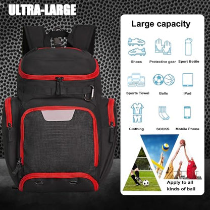 LARIPOP Basketball Backpack with Ball & Ventilated Shoe Compartment Insulated Pockets for Men Training - color: Red