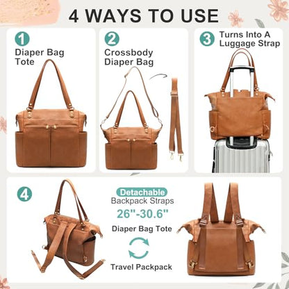 MOMINSIDE Diaper Bag Tote, 4 in 1 Leather Diaper Bag Backpack with 13 Pockets, Convertible Baby Bag for mom,Hospital bag Pañaleras Para Bebe, Changing Pad, 4 Large Insulated Pockets(Brown) - color: Brown